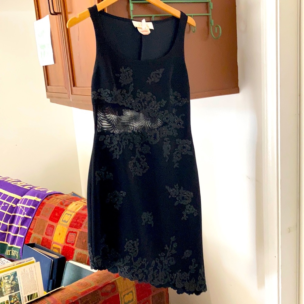 Beaded black cocktail dress w/scalloped bottom